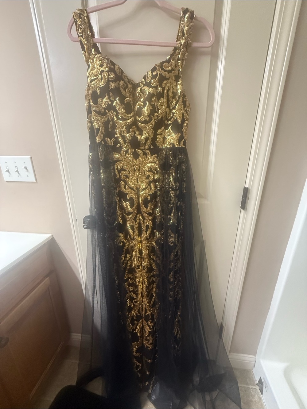 Black & Gold Embroidered Tulle Evening Gown